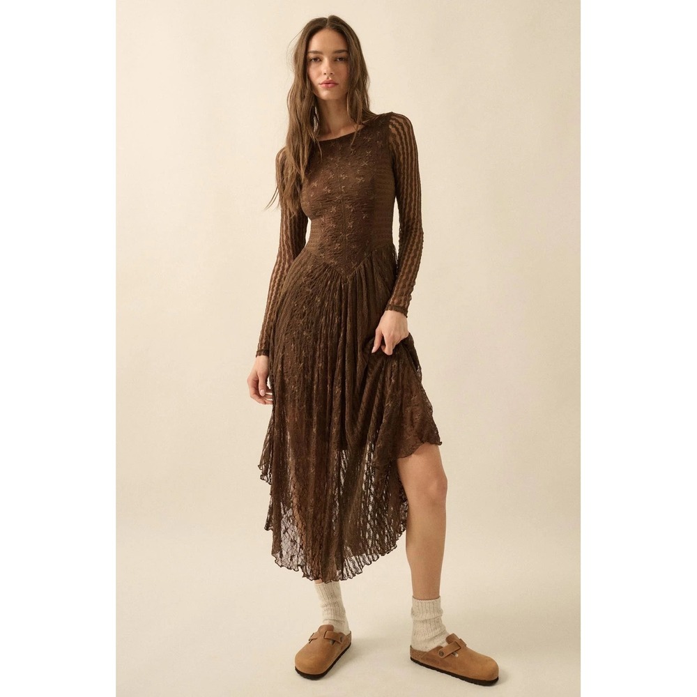 NEW Promesa Divine Beauty Dress Brown Paneled Lace Midi Handkerchief Sz M Witchy